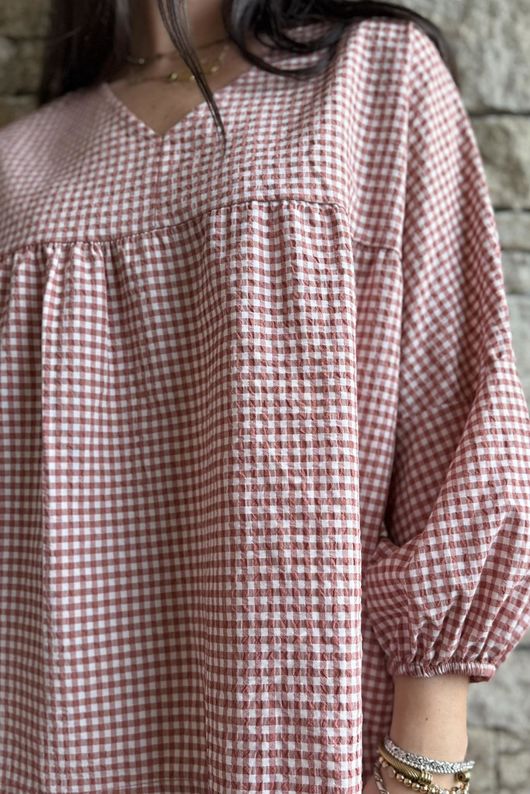 Arbi Gingham Peasant Smock Blouse Indian Red